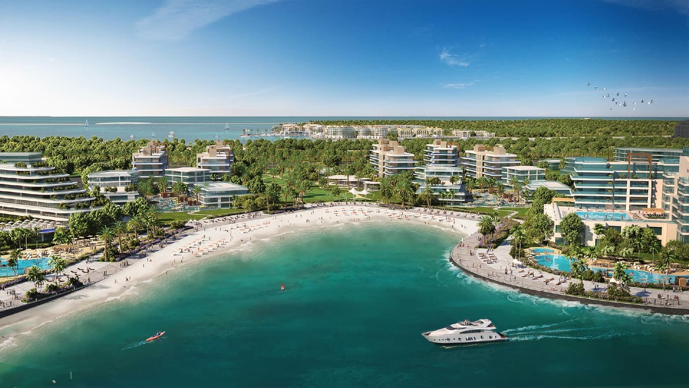 A beach and bay on Dubai Islands from the air