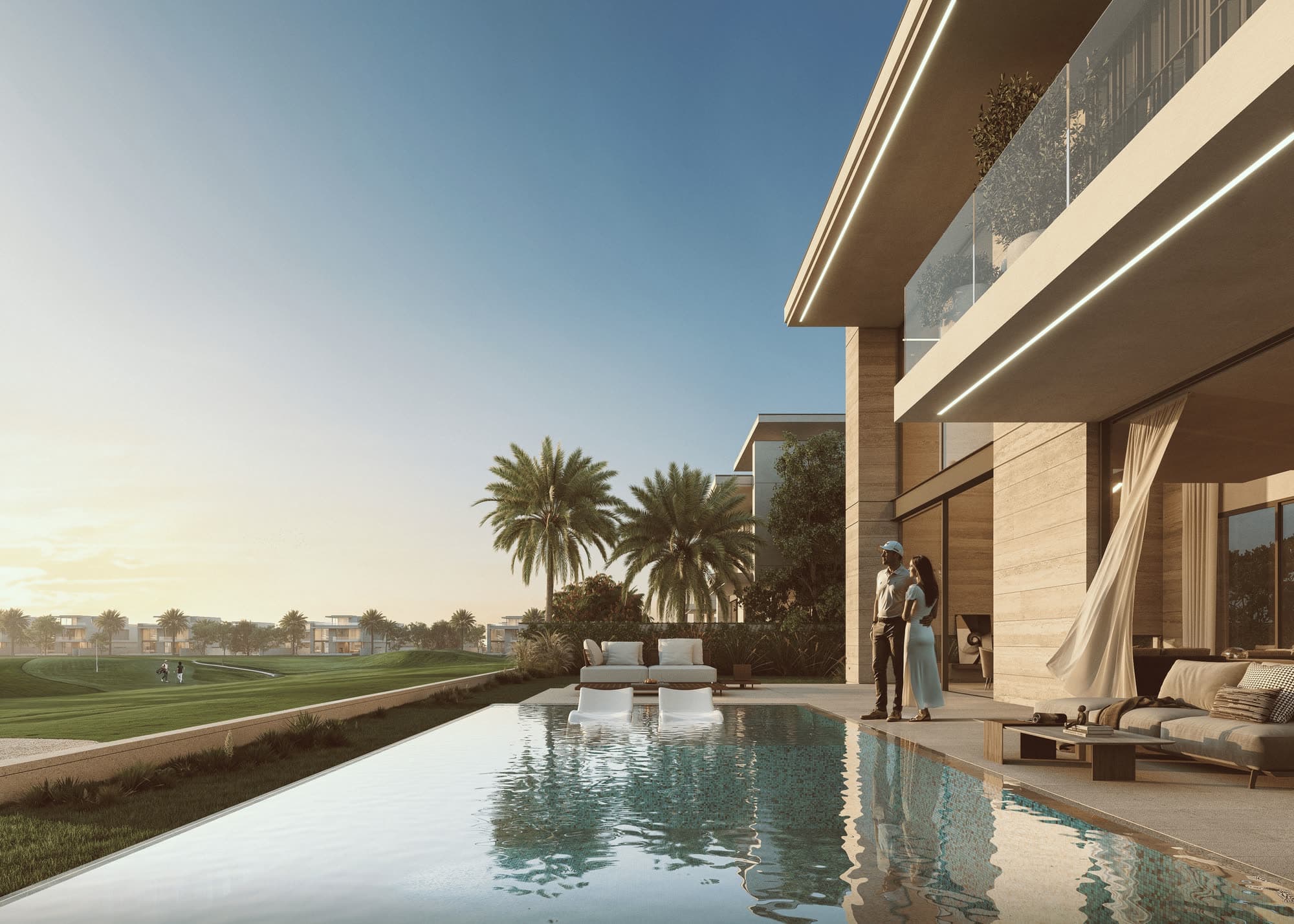 A golf-front villa terrace and pool at Jumeirah Golf Estates