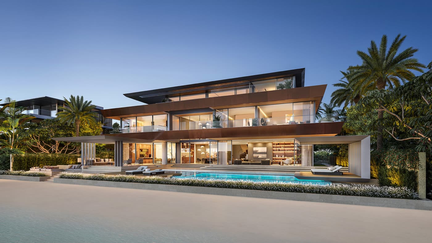 A beachfront villa on Palm Jebel Ali at dusk